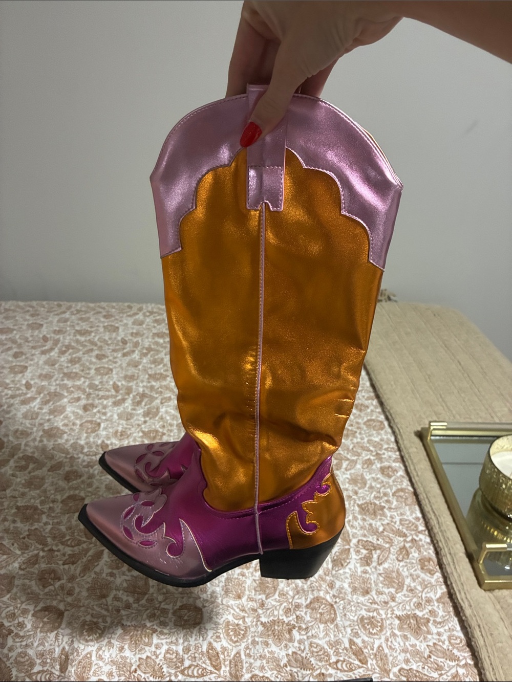 Metallic Pink and Gold Pointed-Toe Heeled Boots - Picture 2 of 4